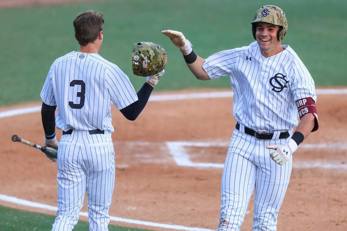 South Carolina Gamecocks infielder Will Craddock (9) celebrates a first inning home run against the Air Force Falcons at Founders Park, 2/22/26.
