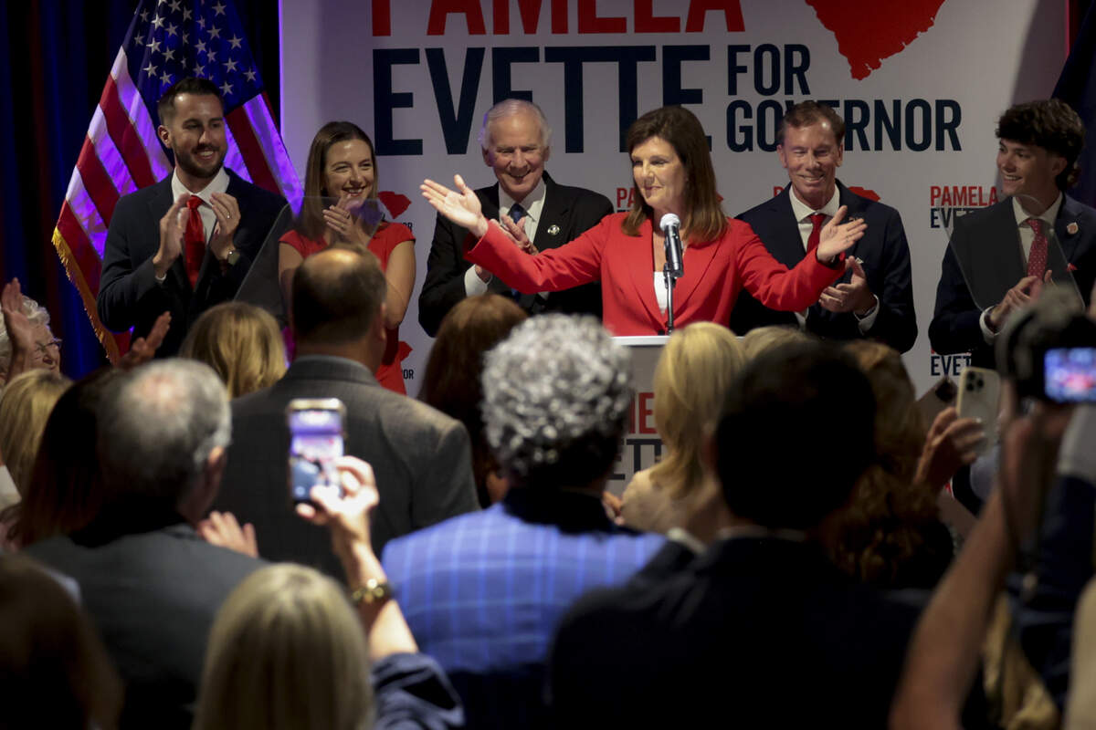 Pamela Evette addresses supporters on Tuesday, June 9, 2026, during a watch party at the United Community Bank building in Greenville.