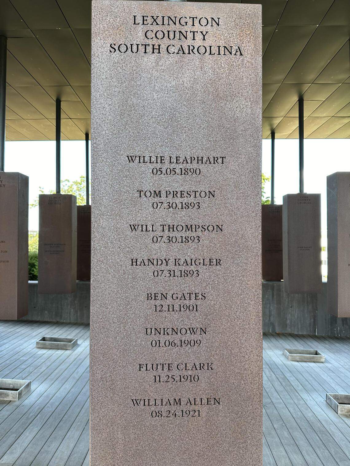 The name of Willie Leaphart is listed along with other Lexington County lynching victims on a slab at the National Memorial for Peace and Justice in Montgomery, Alabama.