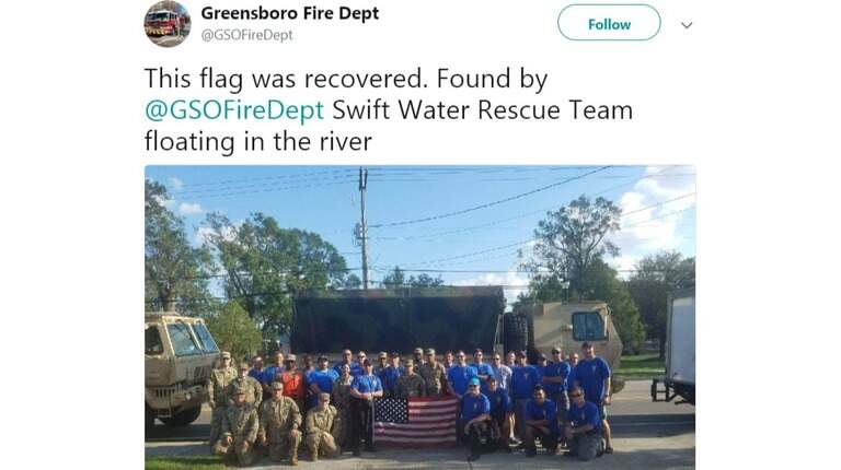Firefighters rescue American flag found floating in river after Hurricane Florence