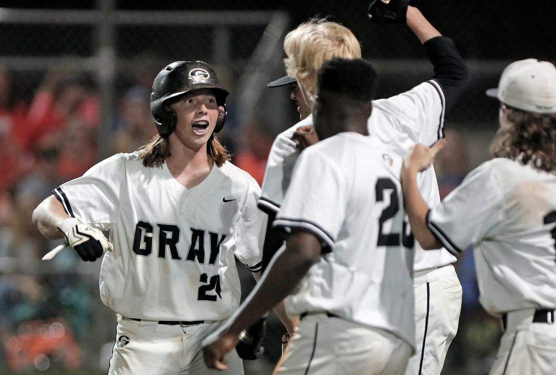 Gray Collegiate’s Blaine Redmond hit the game-tying solo home run in the fourth inning of the second game of the 2022 Class 2A state championship series against Andrew Jackson on Tuesday, May 24 at the Midands Sports Complex in West Columbia