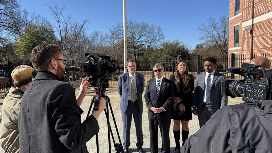 Federal prosecutors spoke to reporters Tuesday after hate crime suspect Jonathan Felkel was detained without bond. From left to right: First Assistant U.S. Attorney Lance Crick, U.S. Attorney Bryan Stirling and Assistant U.S. Attorneys Elle Klein and Lamar Fyall.