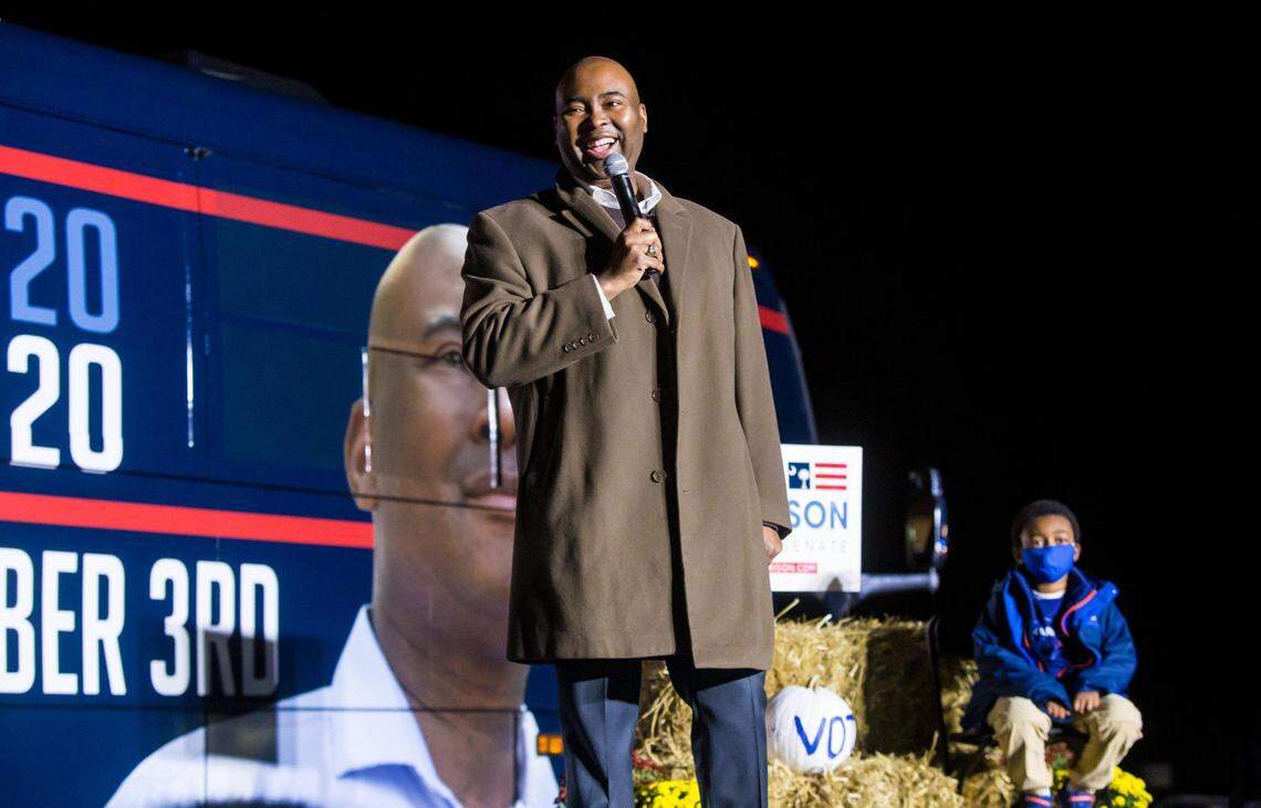 U.S. Senate candidate Jaime Harrison speaks during a rally for him at the Orangeburg County Fairgrounds.