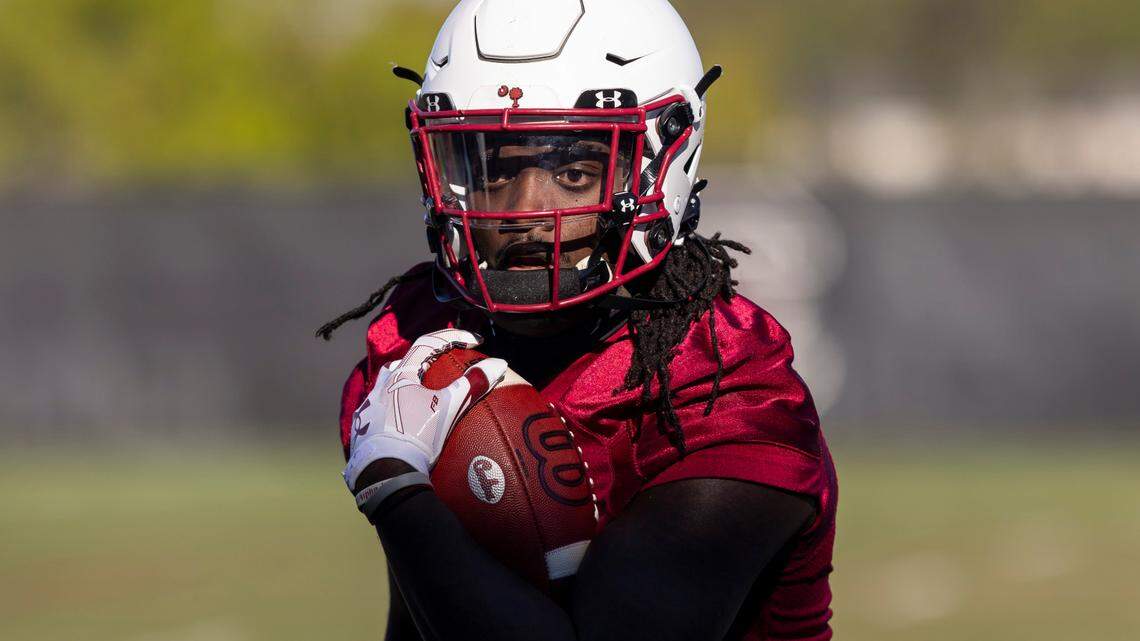 Dakereon Joyner (5) runs drills during practice in Columbia on Tuesday, March 14, 2023.