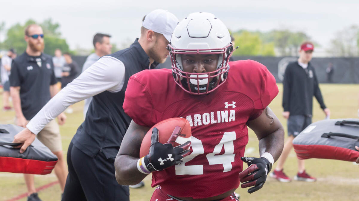 South Carolina running back Mario Anderson (24) runs the ball during the Gamecocks’ practice in Columbia on Thursday, March 23, 2023.