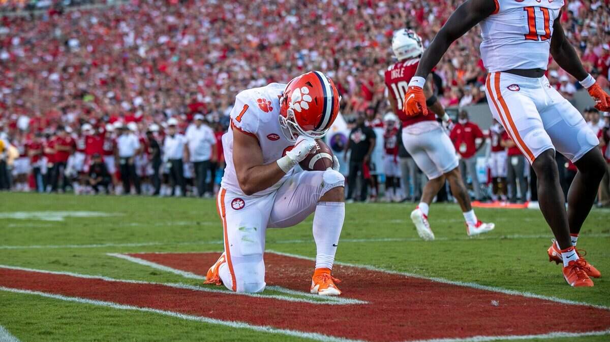 Clemson’s Will Shipley (1) reacts after scoring on a five yard run to tie N.C. State 14-14 in the fourth quarter on Saturday September 25, 2021 at Carter-Finley Stadium in Raleigh, N.C.