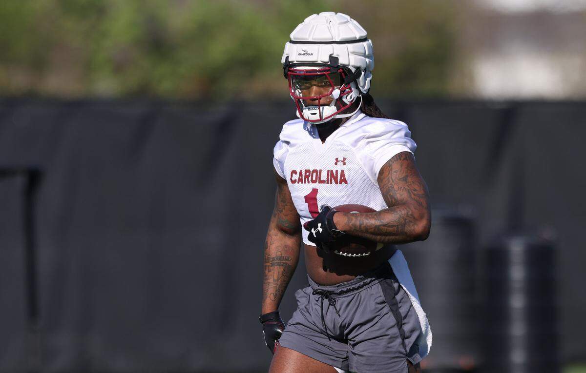 South Carolina running back Rahsul Faison (1) practices during the Gamecocks’ first day of spring practice in Columbia on Wednesday, March 19, 2025.
