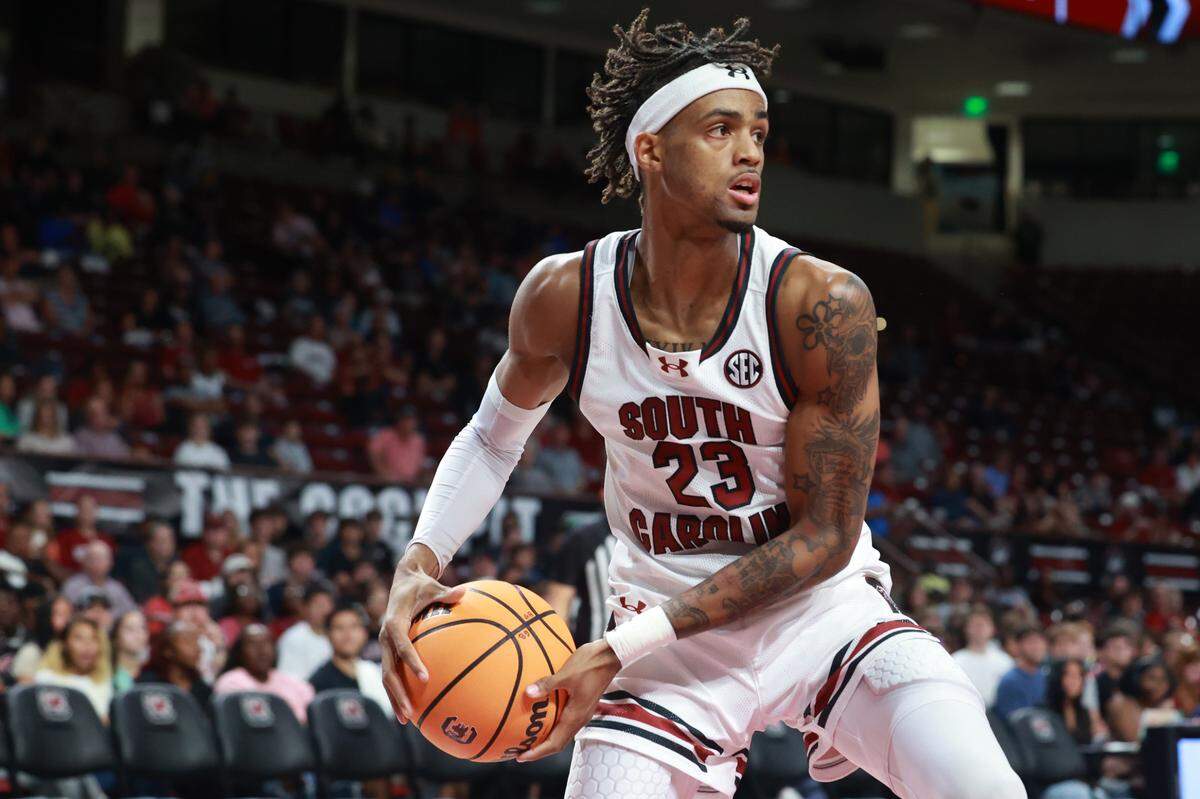 South Carolina’s Cam Scott plays Wooster at Colonial Life Arena on Wednesday, October 30, 2024.
