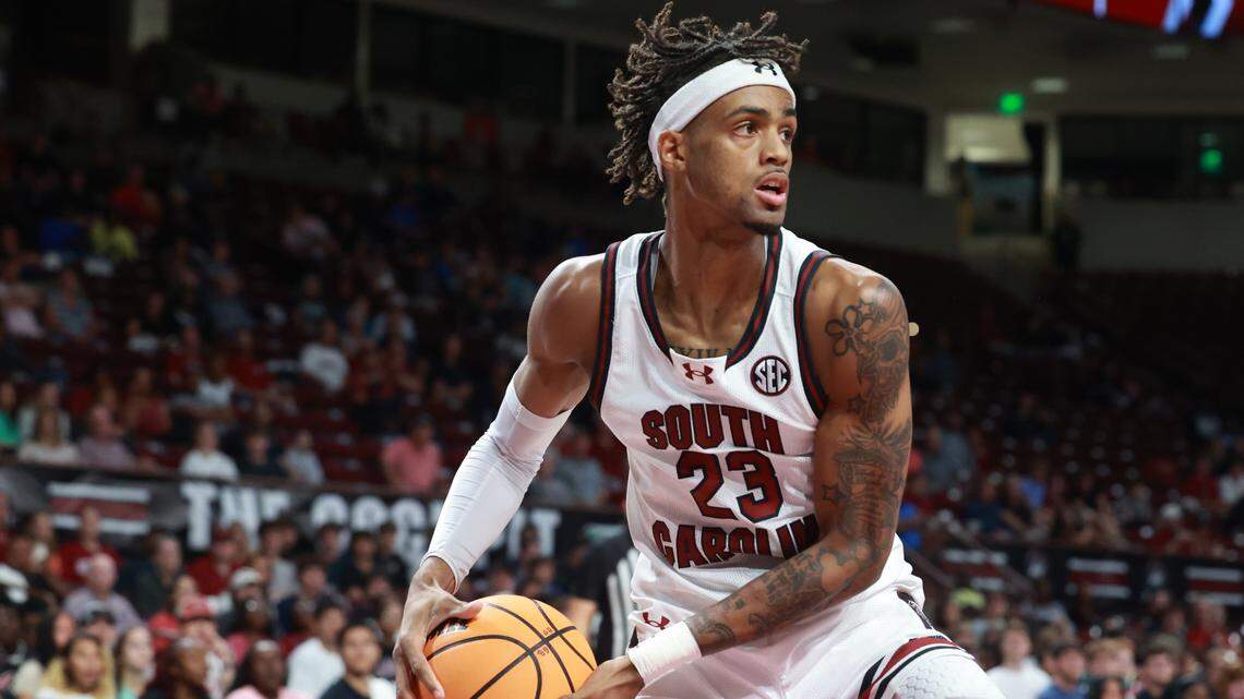 South Carolina’s Cam Scott plays Wooster at Colonial Life Arena on Wednesday, October 30, 2024.