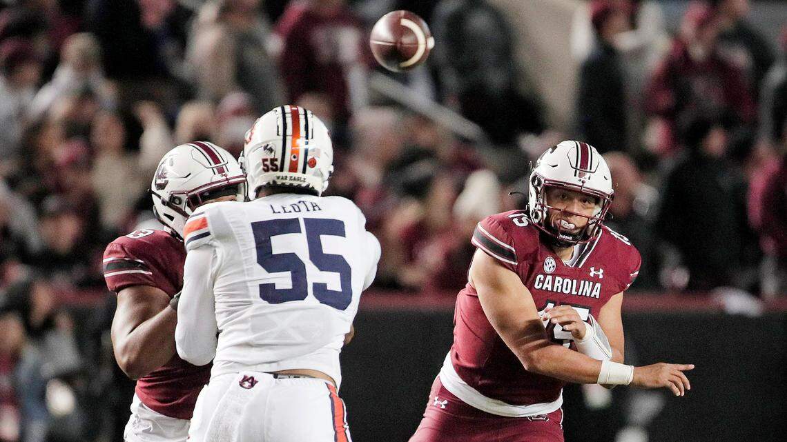 South Carolina Gamecocks quarterback Jason Brown (15) plays Auburn on Saturday, November 20, 2021.