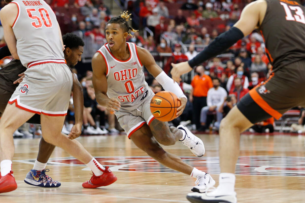 Meechie Johnson dribbles during an Ohio State vs. Bowling Green game Nov. 15, 2021.during an NCAA college basketball game Monday, Nov. 15, 2021, in Columbus, Ohio. (AP Photo/Jay LaPrete)