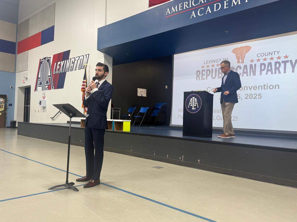 John Allen, the former third vice chair of the Lexington County Republican Party, speaks at the GOP county convention as he ran for party chair on Saturday, April 5, 2025.