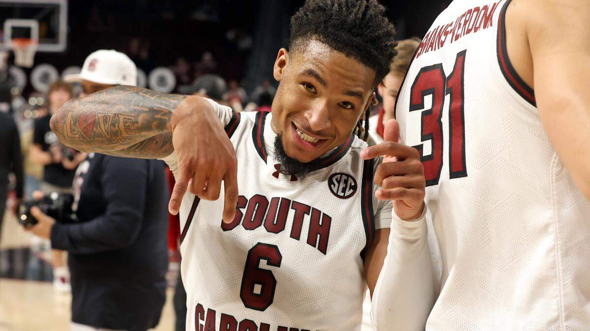 South Carolina’s Jamarii Thomas flashes the “Horns down” symbol on Saturday after the Gamecocks’ win over Texas at Colonial Life Arena.