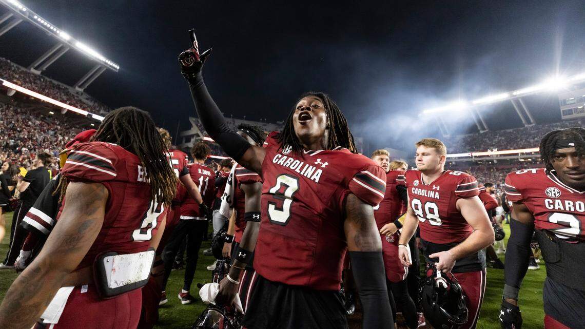 South Carolina Gamecocks defensive back Cam Smith (9) celebrates at Williams-Brice Stadium in Columbia, SC on Saturday, Oct. 22, 2022.