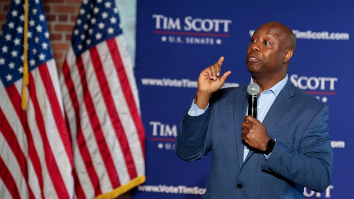 Sen. Tim Scott speaks at a campaign kick-off party at Senate’s End in Columbia on Monday, June 28, 2021.