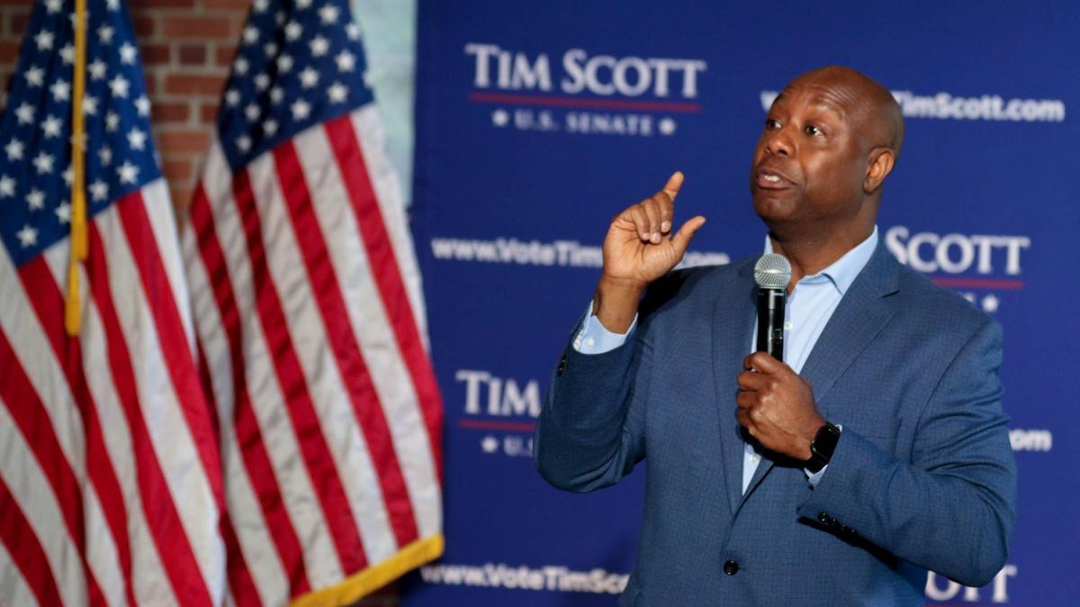 Sen. Tim Scott speaks at a campaign kick-off party at Senate’s End in Columbia on Monday, June 28, 2021.
