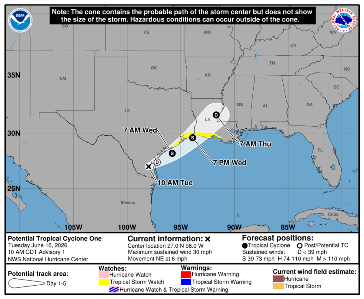 Potential Tropical Cyclone One’s projected cone after making landfall in the U.S.