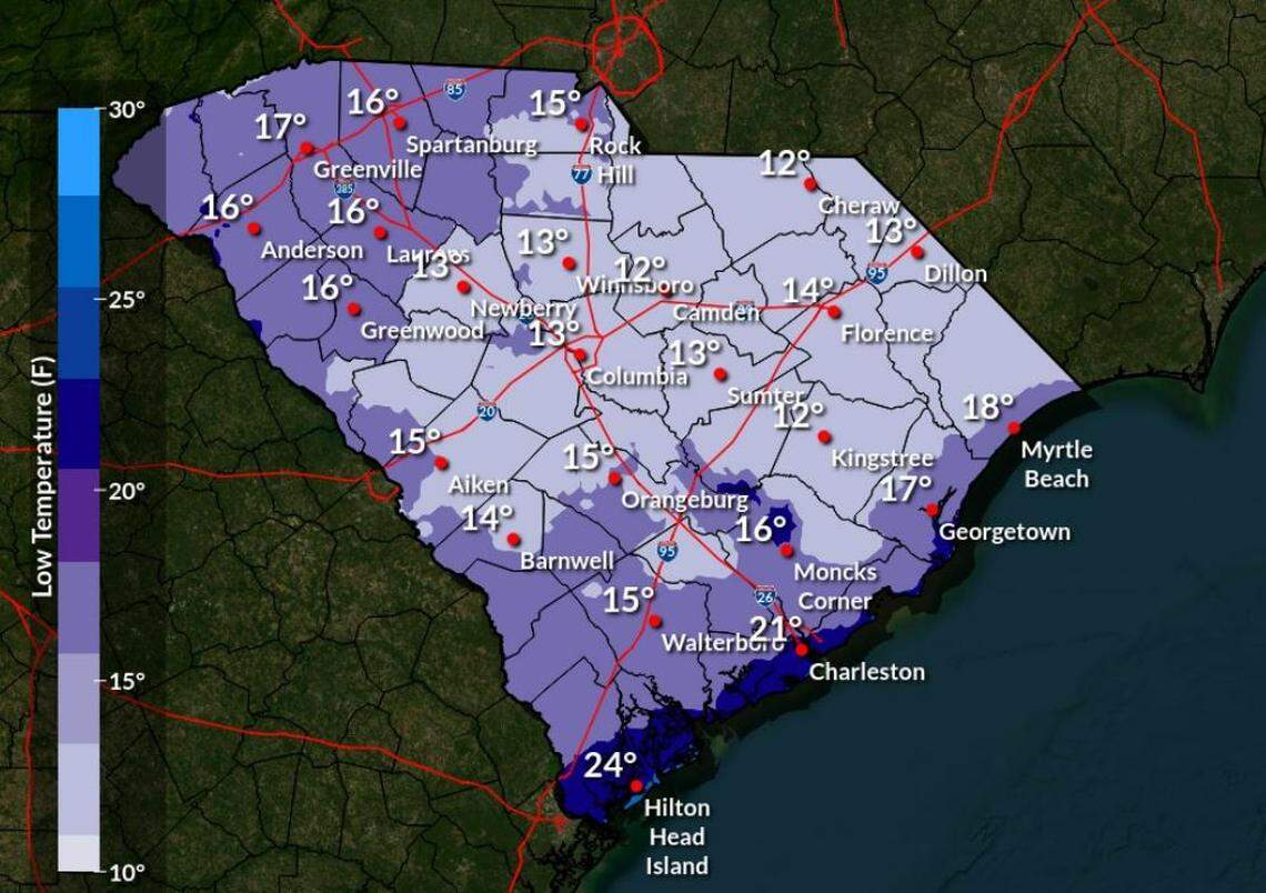 Freezing temperatures are forecast to affect South Carolina.