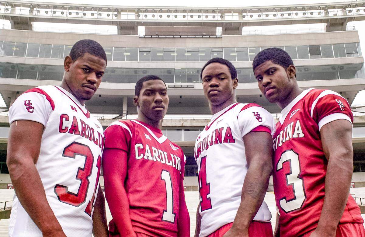 South Carolina’s recruiting class in 2003 included Demetris Summers, from left, Noah Whiteside, Cory Boyd and Syvelle Newton. “We all know Demetris should’ve gotten 18 to 20 carries a game,” said Newton, a freshman quarterback. 