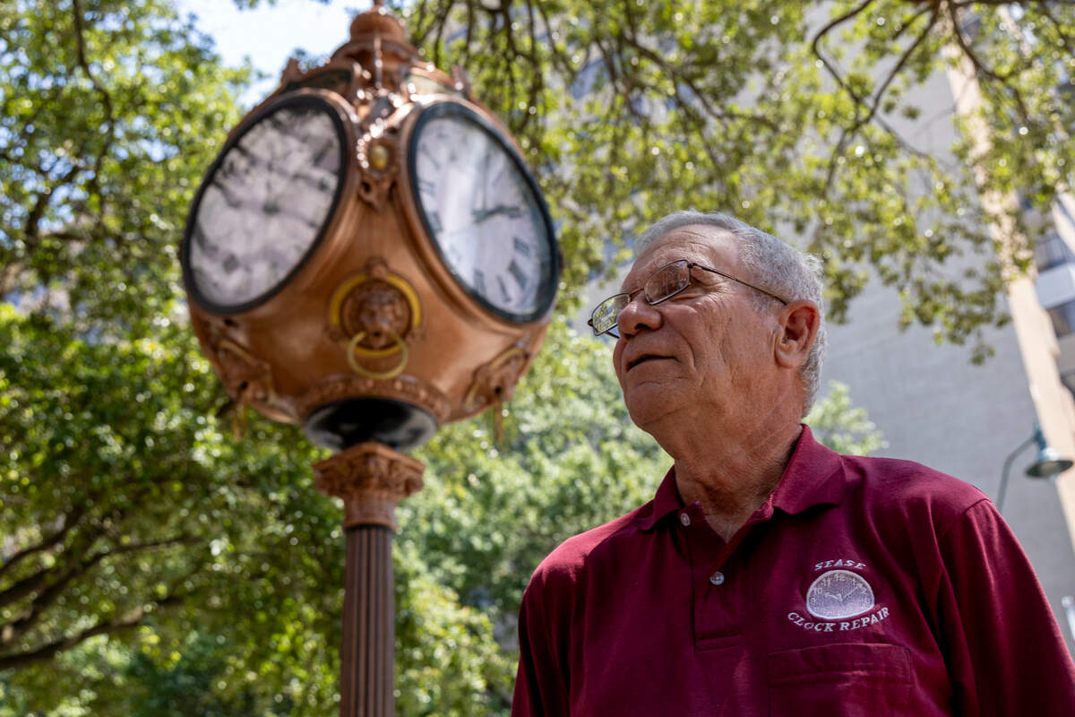 Tim Sease is a professional watch maker who has been winding and maintaining the historic clock at Sylvan’s Jewelers on Columbia’s Main Street since about 1974. The four-sided clock dates back to 1911. It replaced a two-sided clock that was earlier installed.