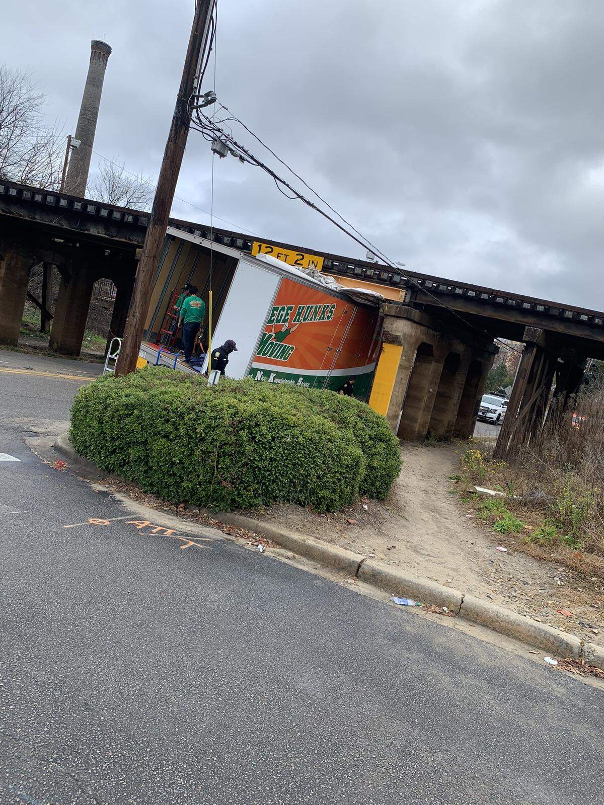 A moving van collided with a train trestle on Whaley Street near Assembly on Saturday and became stuck. Columbia police had to reroute traffic. Photo from Dec. 2021