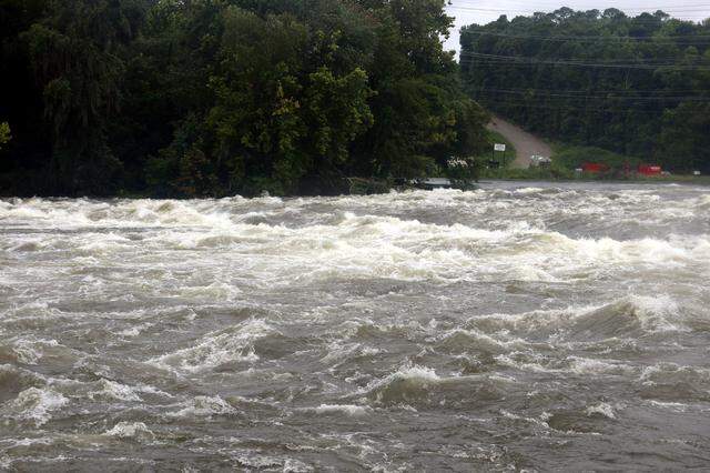 Water levels at the entrance to the Saluda Riverwalk were visibly up Aug. 6, 2024.