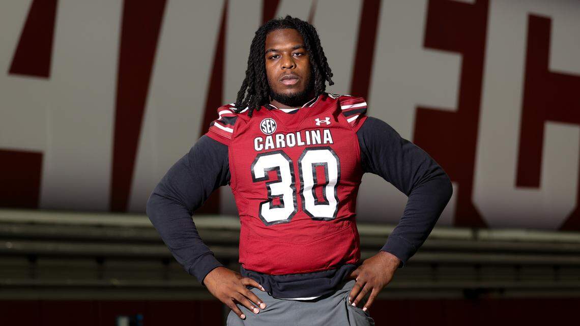 Demon Clowney during media day for the University of South Carolina football team inside the Jerri and Steve Spurrier indoor practice facility.