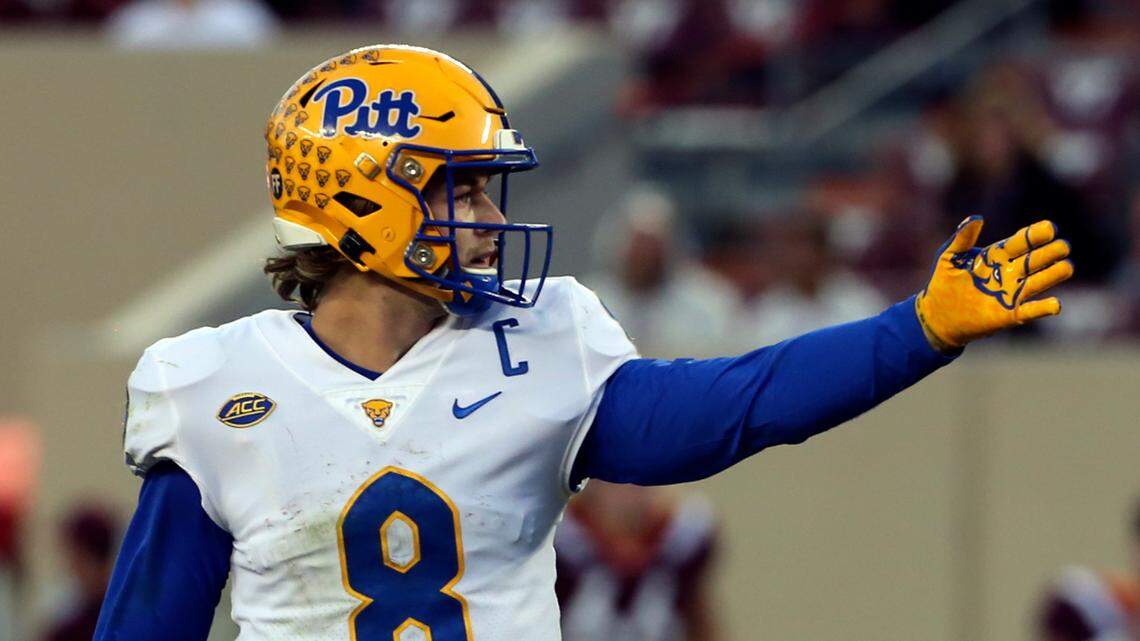 Former Pittsburgh quarterback Kenny Pickett (8) will be one of the top prospects the Panthers keep their eye on during the NFL draft evaluation process.