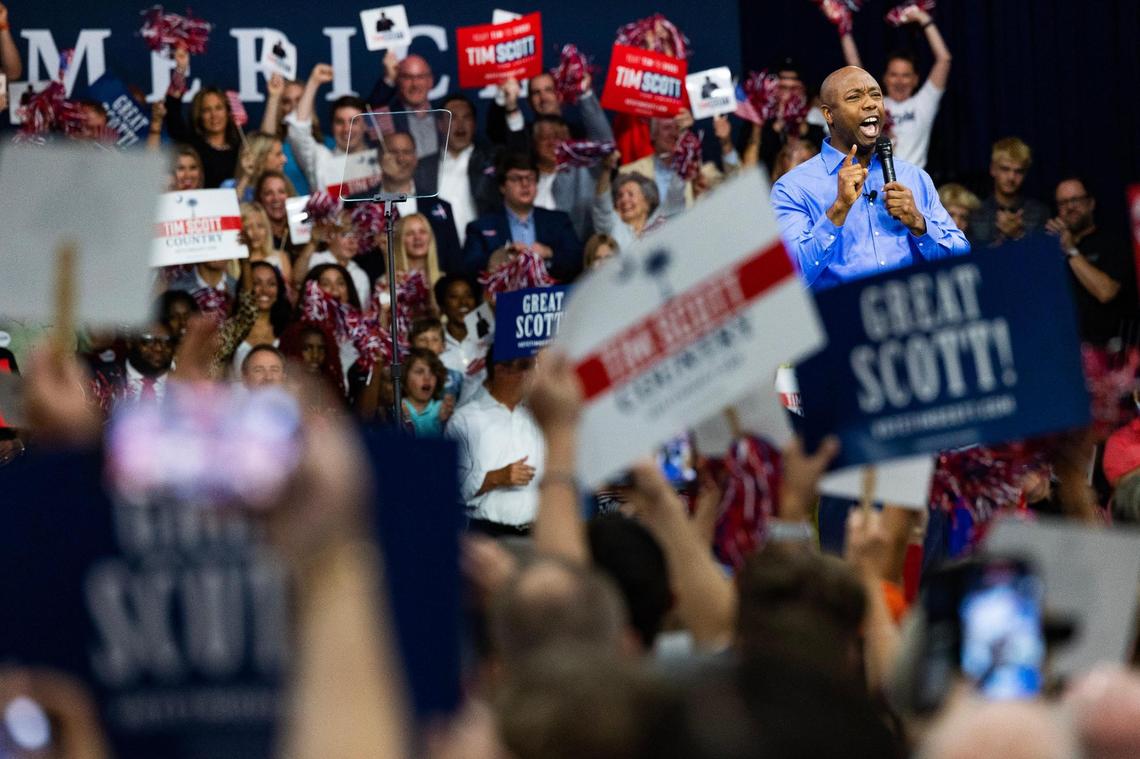 Senator Tim Scott announces his bid for the presidency at Charleston Southern University on Monday, May 22, 2023.