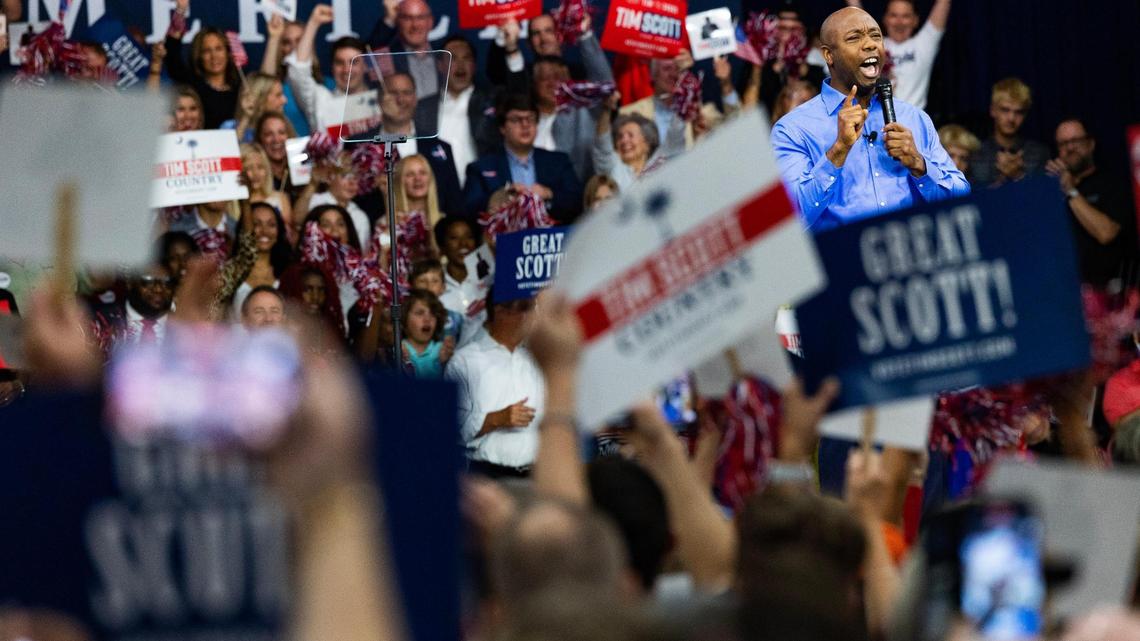 Senator Tim Scott announces his bid for the presidency at Charleston Southern University on Monday, May 22, 2023.