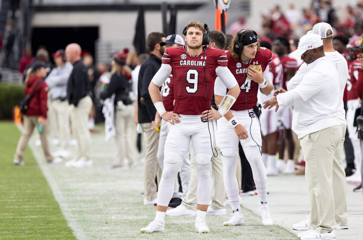 South Carolina Gamecocks quarterback Luke Doty (9) looks on from the sideline, along with quarterback South Carolina Gamecocks quarterback Colten Gauthier (4), at Williams-Brice Stadium in Columbia, SC on Saturday, Oct. 29, 2022.