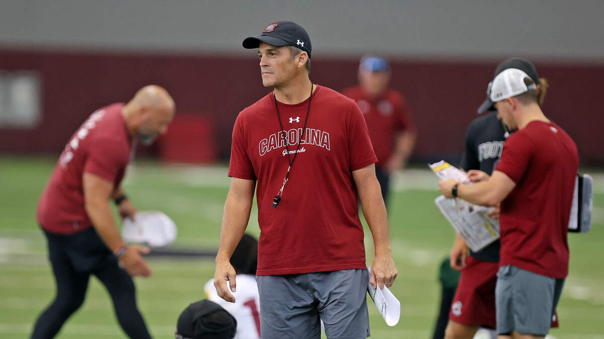 South Carolina football's Shane Beamer during an August 2025 preseason practice.