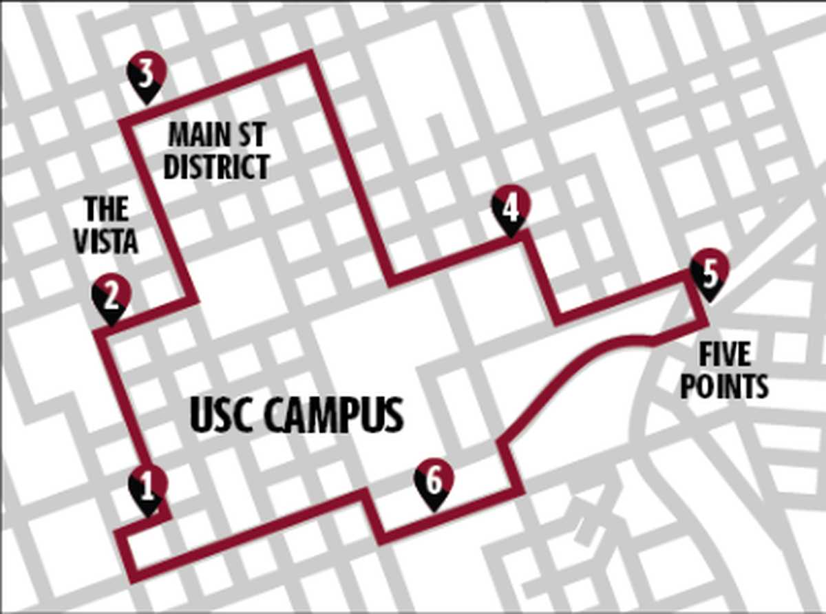 The University of South is now offering a late night shuttle on weekends, The route stops at popular nightlife districts in Columbia, including Five Points, the Vista and the Main Street district.