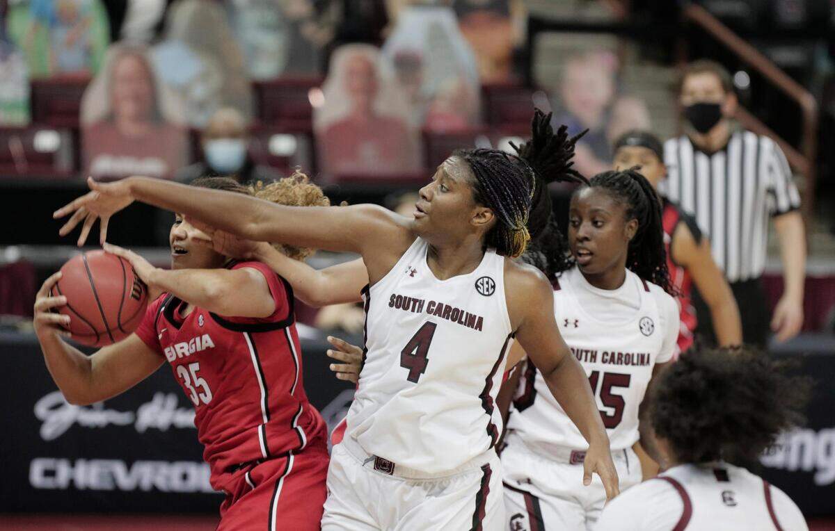 South Carolina Gamecocks forward Aliyah Boston (4) guards Georgia Lady Bulldogs forward Javyn Nicholson (35) at Colonial Life Arena on Thursday, January 21, 2021.