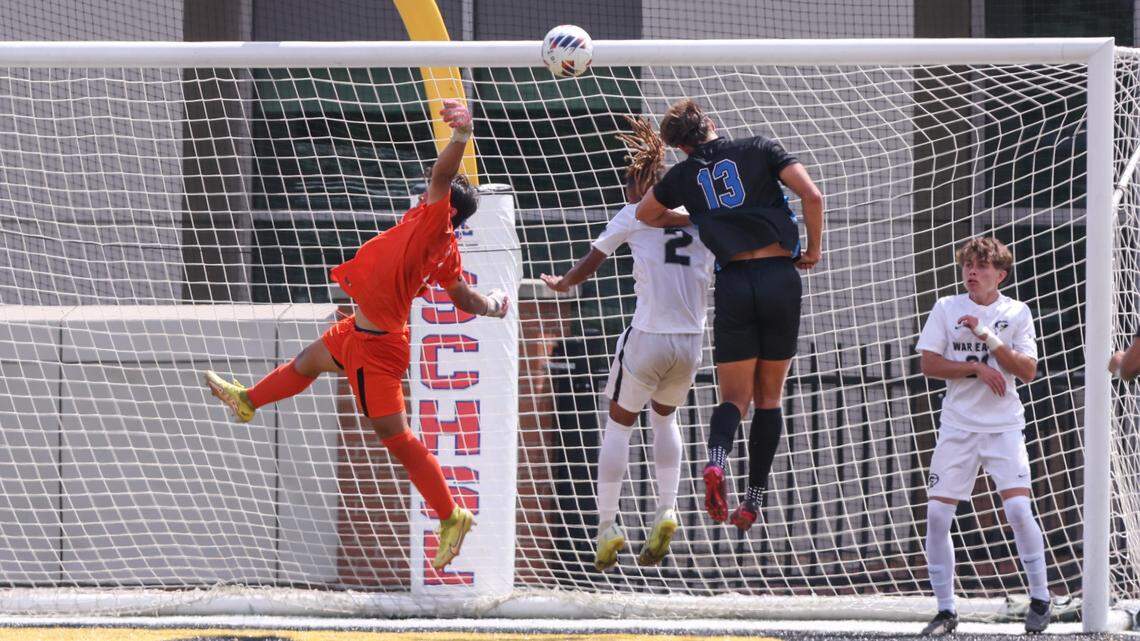 Goalie Joey Sullivan (1) of Gray Collegiate makes a block during the SCHSL Class 2A Boys State Soccer Championship between Oceanside Collegiate and Gray Collegiate at Irmo High School on Saturday, May 13, 2023.