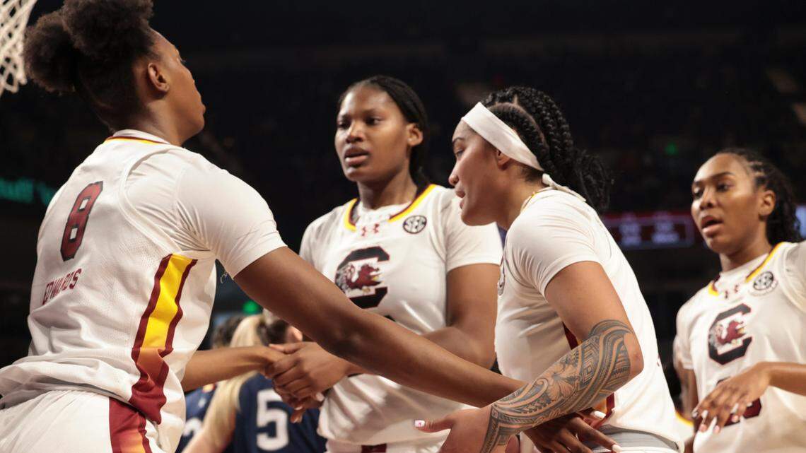 The Gamecocks huddle during the second half of action against UConn in the Colonial Life Arena on Sunday, Feb. 16, 2025.
