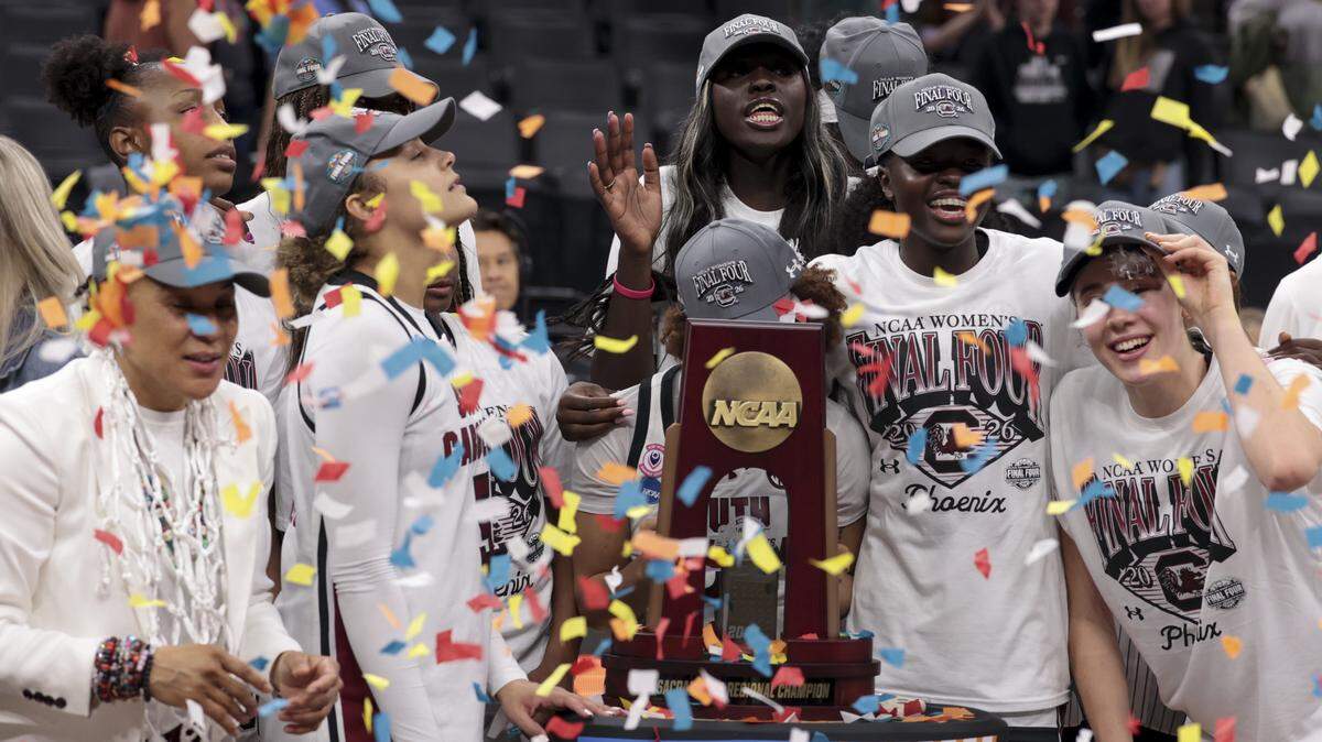 The Gamecocks celebrate their Elite Eight win over TCU on Monday, March 30, 2026 in Sacramento, Calif. The University of South Carolina advances to the NCAA Tournament Final Four.