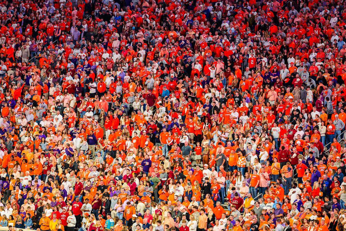 Clemson Tigers fans cheer before a football game vs. Florida State at Memorial Stadium on November 8, 2025.