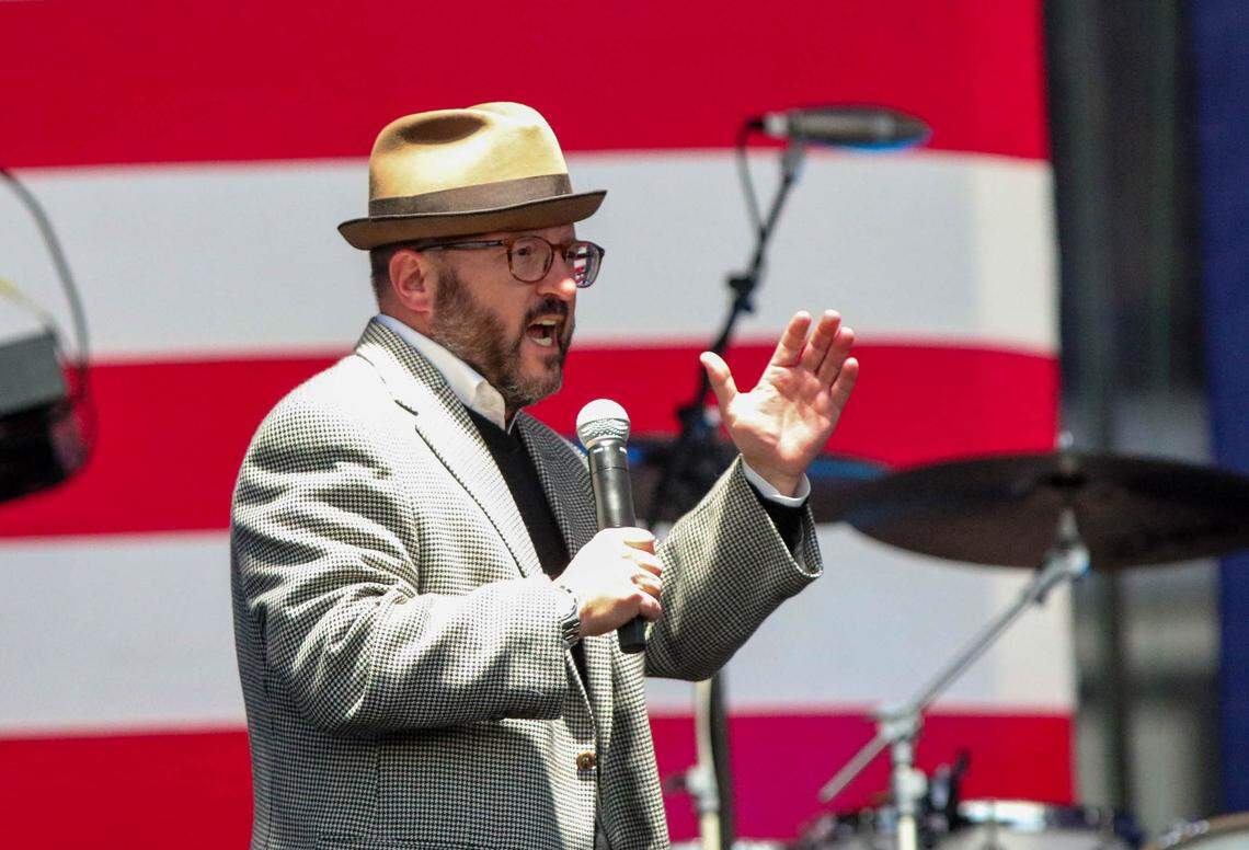 Democratic Party chairman Trav Robertson speaks during a drive-in campaign event, with Jaime Harrison and rap artist Common, at the Charles W. Johnson Stadium while campaigning on Monday, Oct. 26, 2020.
