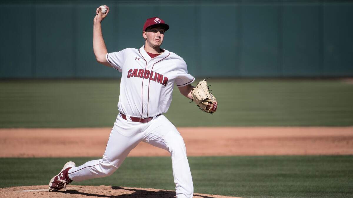 South Carolina starting pitcher Adam Hill delvers to an LSU batter at Founders Park Saturday, April 21, 2018, in Columbia, S.C.
