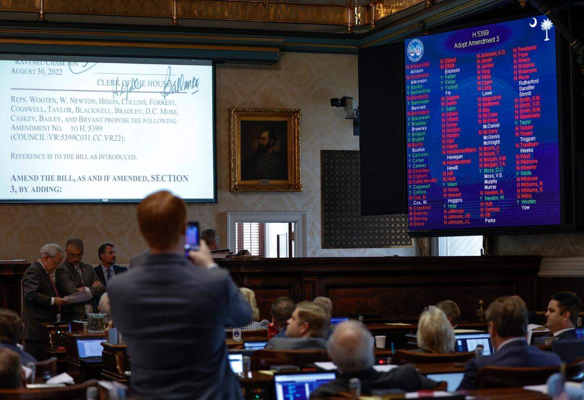 Members of the South Carolina House of Representatives vote on amendments in the abourtion bill in the South Carolina House of Representatives chamber On Tuesday, Aug. 30, 2022.
