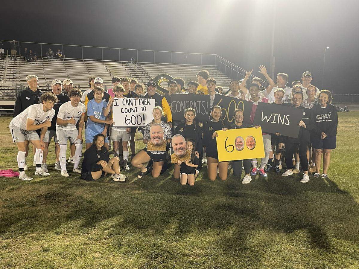 Gray Collegiate boys soccer coach Kevin Heise celebrates his 600th win on Tuesday, April 22, 2025.