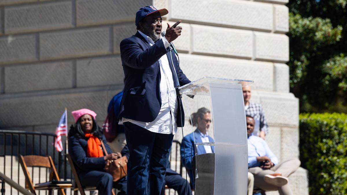 Dr. Michael Addison, who is seeking the United Citizens Party nomination for South Carolina governor, speaks at a No Kings rally at the South Carolina State House on Saturday, March 28, 2026. He is a chiropractor, community organizer and a licensed asbestos inspector. 