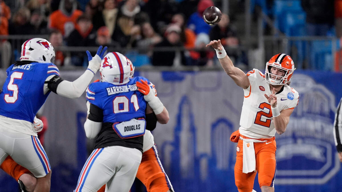 Clemson Tigers quarterback Cade Klubnik (2) throws during the first quarter against the Southern Methodist Mustangs in the 2024 ACC Championship game at Bank of America Stadium.