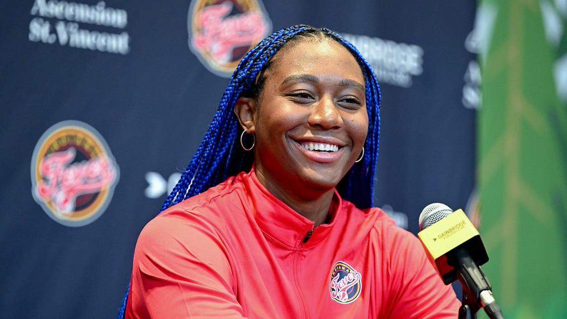 Former South Carolina women’s basketball star Aliyah Boston answers questions during her introductory news conference with the Indiana Fever on Monday, April 24, 2023. The Fever picked Boston No. 1 overall in this month’s WNBA Draft.