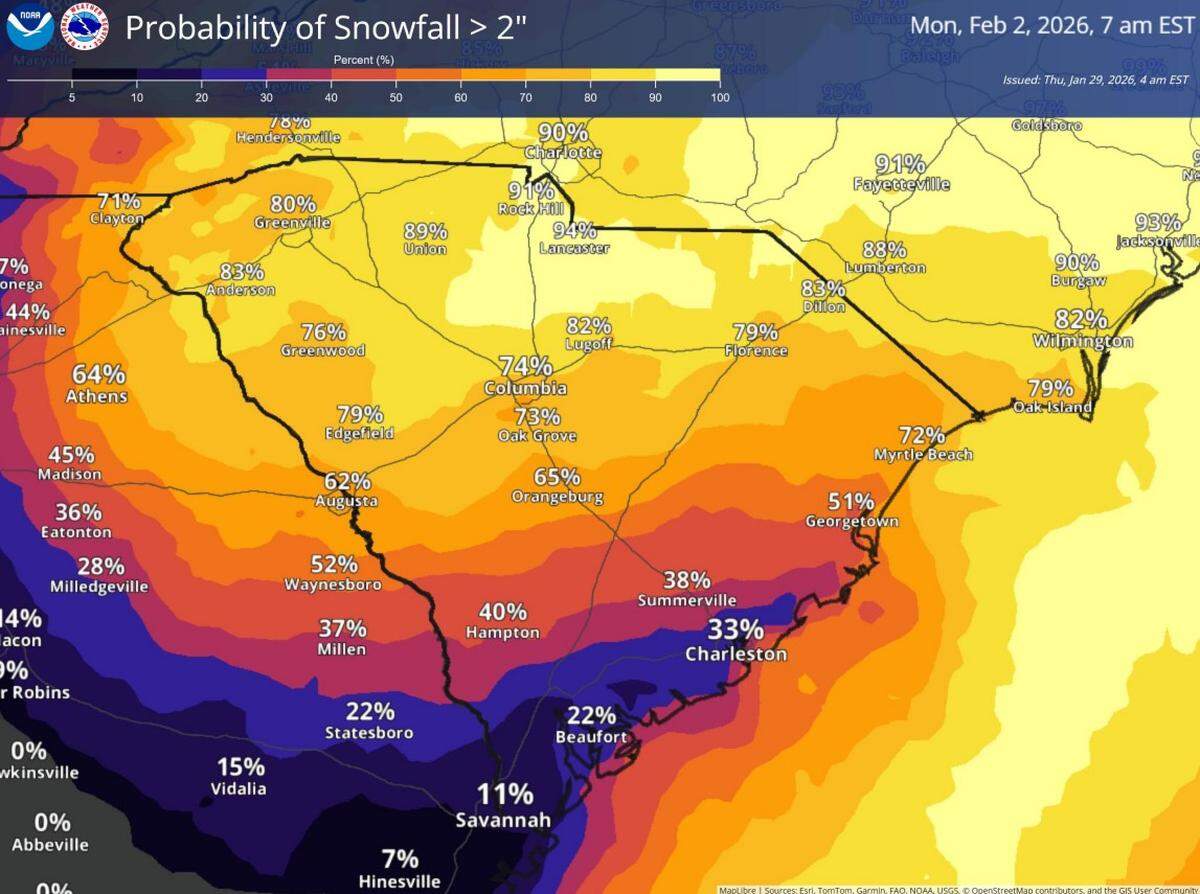 A look at the chances of 2 inches or less of snow in the Midlands region of South Carolina.
