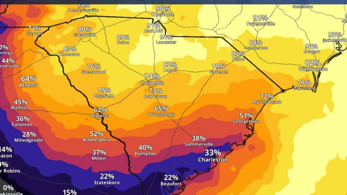 A look at the chances of 2 inches or less of snow in the Midlands region of South Carolina.