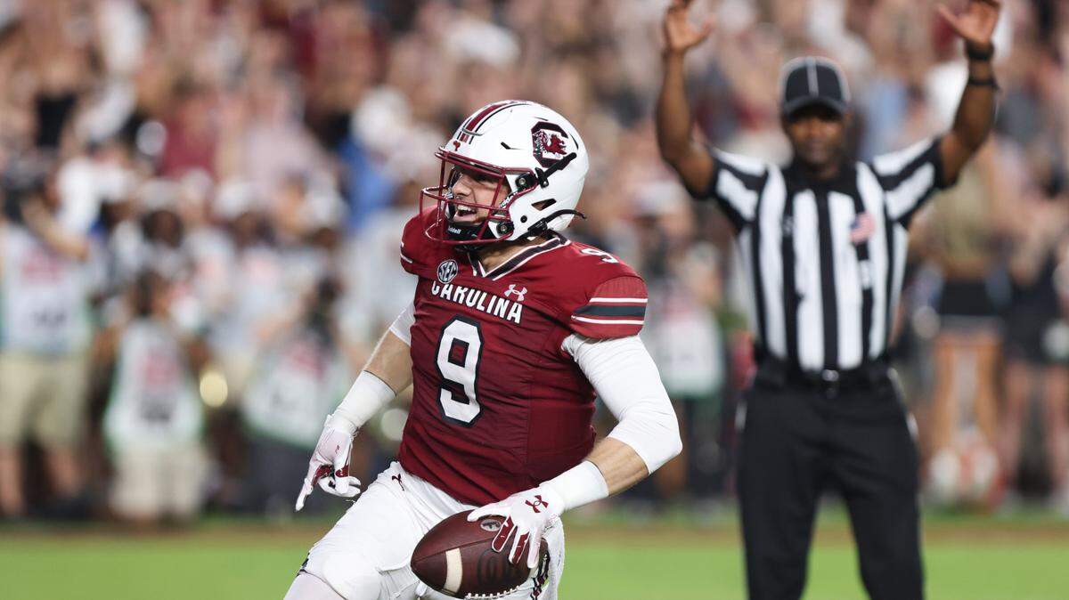 South Carolina quarterback Luke Doty (9) celebrates a touchdown during the first half of the Gamecocks’ game at Williams-Brice Stadium in Columbia on Saturday, September 9, 2023.