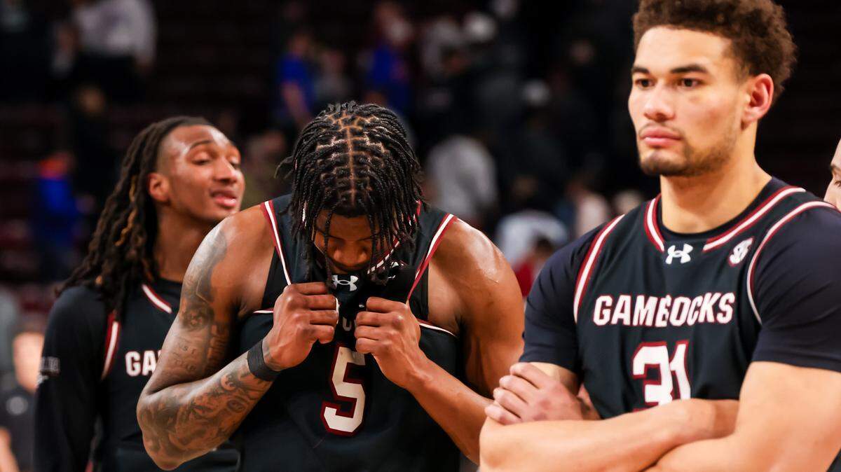 Jan 22, 2025; Columbia, South Carolina, USA; South Carolina Gamecocks forward Nick Pringle (5) and forward Benjamin Bosmans-Verdonk (31) react after their loss the to the Florida Gators at Colonial Life Arena. Mandatory Credit: Jeff Blake-Imagn Images