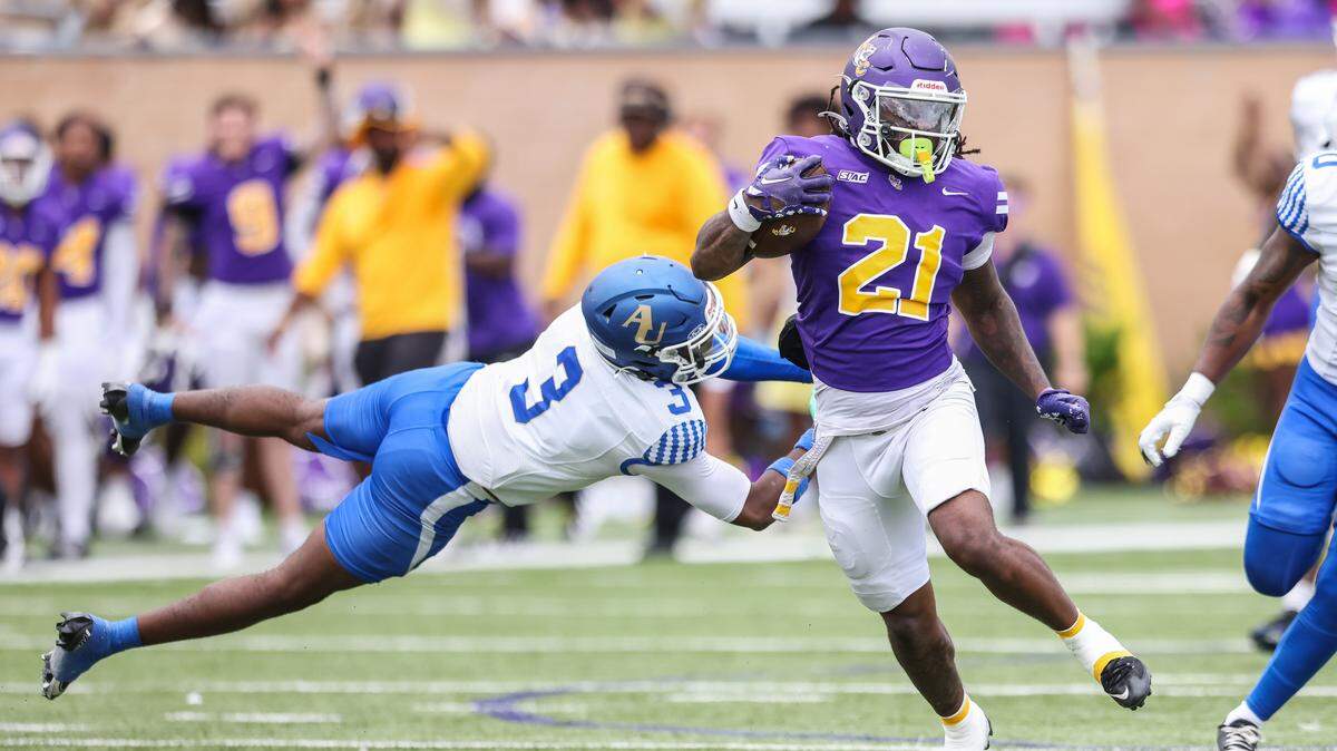 Allen defensive back Tyreshon Freeman (3) dives for Benedict running back A'Chean Durant (21) during Benedict’s game against Allen at Charles W. Johnson Stadium in Columbia on Saturday, Oct. 4, 2025.